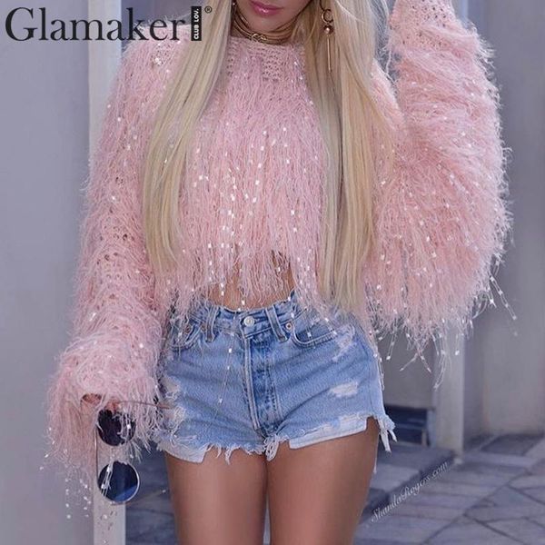 

glamaker casual sequin streetwear short female sweater autumn winter fashion long sleeve jumper loose pink warm knitted pullover, White;black