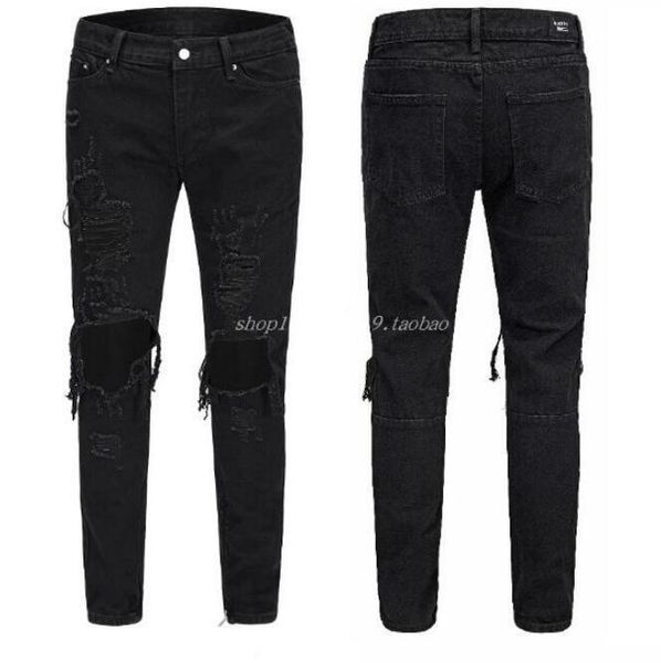 

good quality black pants for men hip hop rock holes ripped jeans biker slim fit zipper jean denim pants trousers, Blue