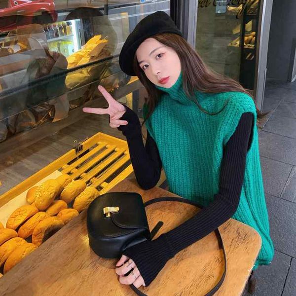 

женщины без рукавов пуловер осень 2019 корейский стиль шикарный водолазка назад зашнуровать вязать свитер жилет трикотаж зеленый темно-синий, Black;white