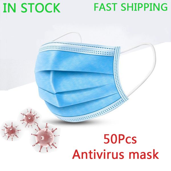 

in stock 50pcs antivirus disposable mask 3 layer ply filter anti-virus surgical face masks dust bfe-n95 meltblown mouth mask