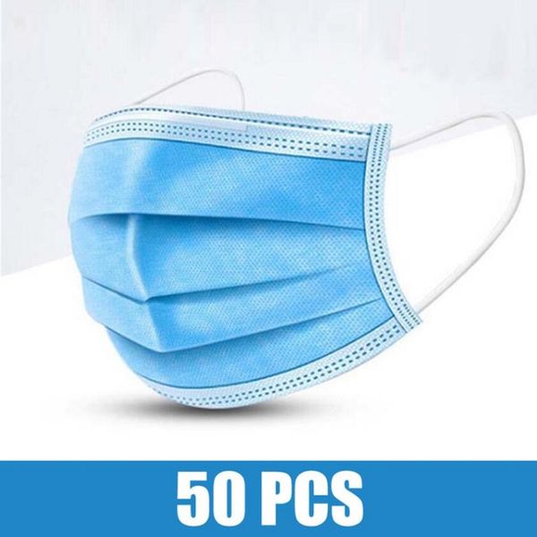 

in stock blue face mouth masks three-layer disposable face mask anti-fog haze pollen breathable mask 50 pcs/lot