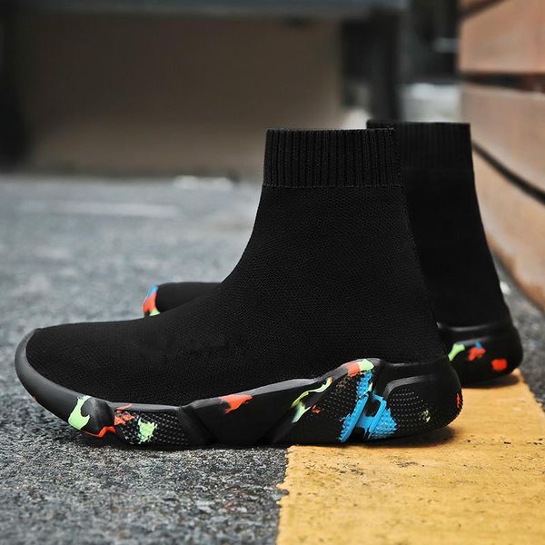 

2019 designer women men fly knitting high sock shoes knit upper breathable sport running shoes sock boots boys gilrs chunky sneakers, Black