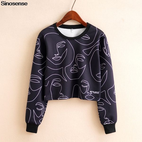 

new autumn abstract face 3d print cropped hoodie crop sweatshirt women long sleeve pullover hoody short hooded sweatshirt, Black