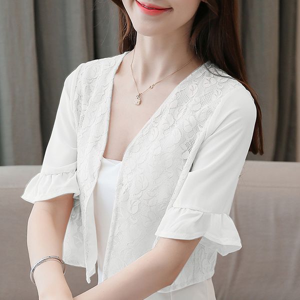 

blusas mujer de moda 2020 short sleeve blouse women summer short white blouse women v-neck lace chiffon shirt d11