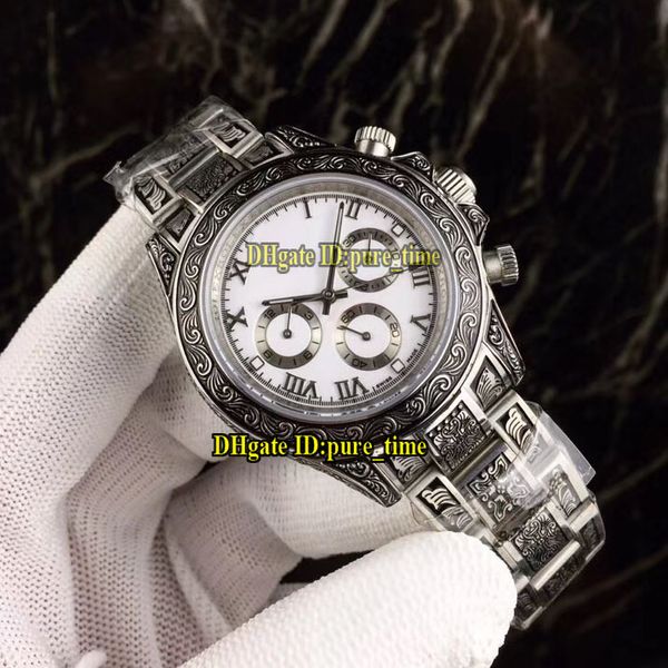 Nuovo stile retrò cassa con incisione completa 116500 quadrante bianco orologio automatico da uomo bracciale in acciaio intagliato 316L orologi sportivi di alta qualità OX39