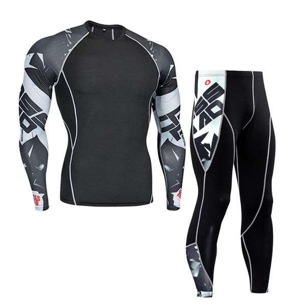 

long sleeve bodysuit printed men's fitness set two-piece set quick-dry t-shirt breathable running fitness clothes, White;black