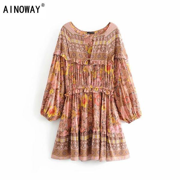 

урожай шикарные женщины цветочные печати зашнуровать кисточкой пляжа bohemian мини платье дамы v шеи оборками лета boho платье vestidos, Black;pink