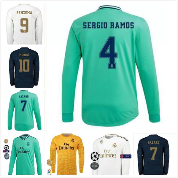 

19/20 длинные рукава реал away # 23 опасности футбол джерси 2019 мадрид ramos модрич asensio рубашки isco виниций jr футбол равномерное, Black;yellow