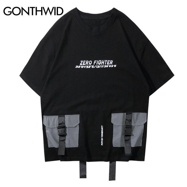 

gonthwid 3m reflective buckle multi-pockets ribbon tshirts 2020 men hip hop streetwear tees harajuku short sleeve t shirts, White;black