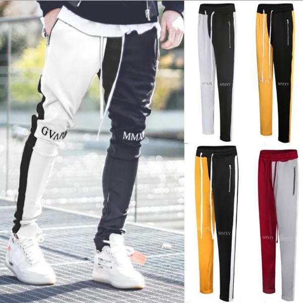 

new mens stylish panelled pants embroidery letters skinny slim straight frayed denim trousers new fashion skinny trackpants men clothes, Black