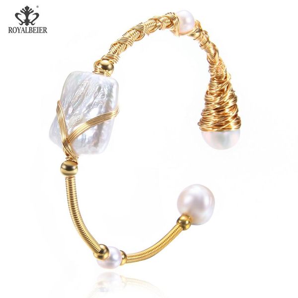 

royalbeier genuine baroque pearl bracelet women's cuff bracelet natural freshwater pearl copper silk hand wrap boutique, Golden;silver