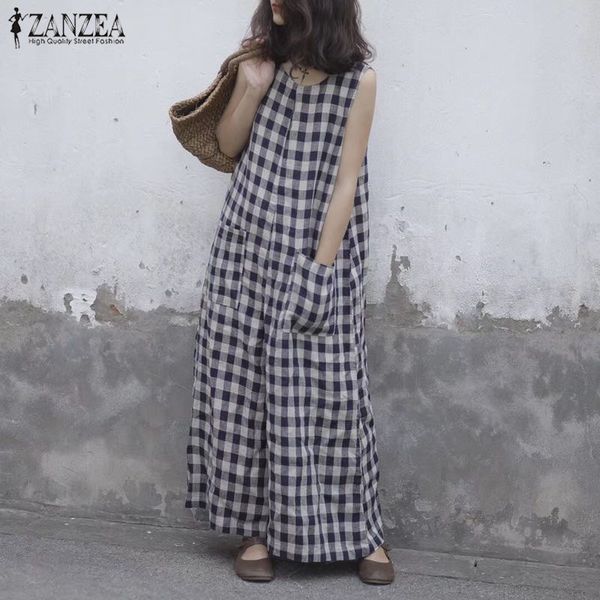 

zanzea 2020 summer wide leg rompers women vintage plaid checked sleeveless loose jumpsuits pants casual baggy overalls plus size, Black;white
