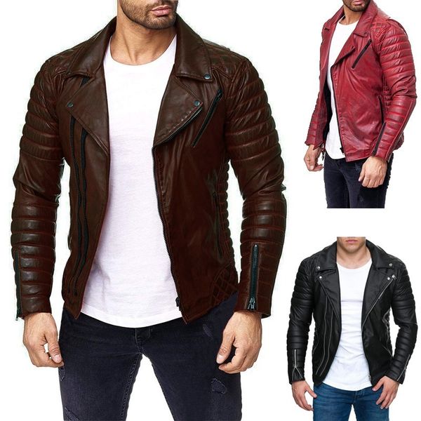 

turn down collar long sleeve leather jacket men diagonal zipper design slim fit coat male mutlicolor wild fashion clothing, Black;brown