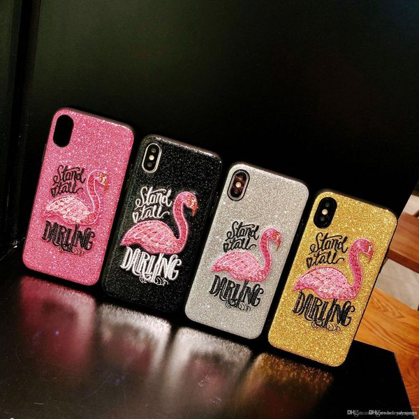 

uk wholesale retail sales promotions embroidered flamingo mobile phone fashion case bling bling shinning cover for iphone water proof case