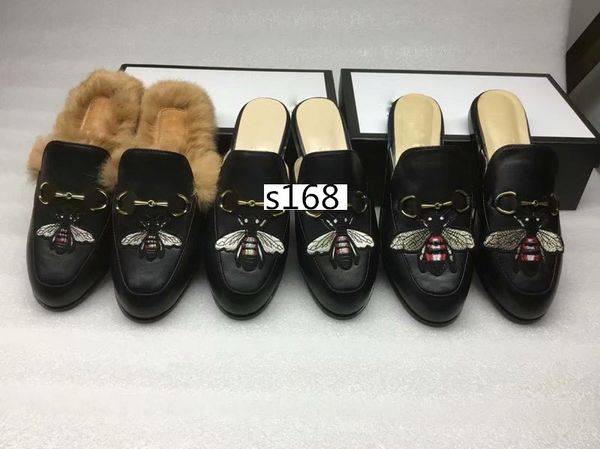 

wholesale mules princetown leather loafers men muller slipper shoes black star small bee metal chain men wonen fur slippers