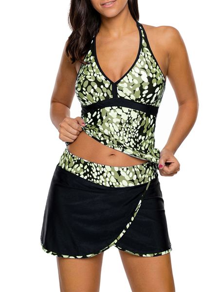 

olive white spots v-neck tankini wrapped skirt swimsuit, White;black