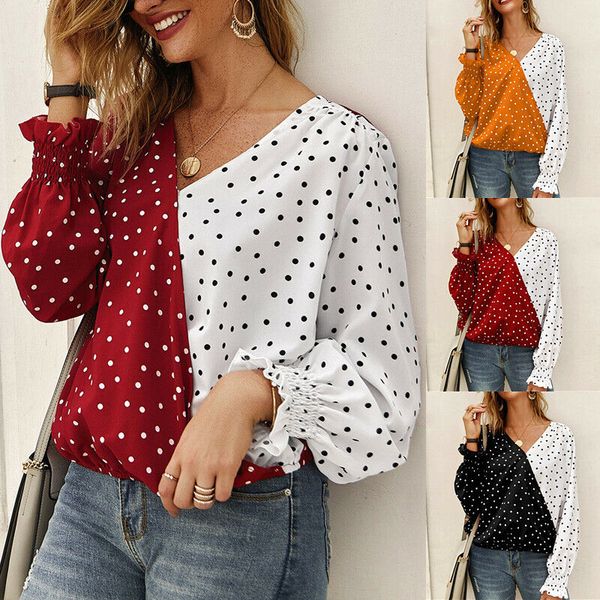 

new womens ladies long sleeve v-neck patchwork polka dot baggy casual t-shirt blouse size s-xl, White