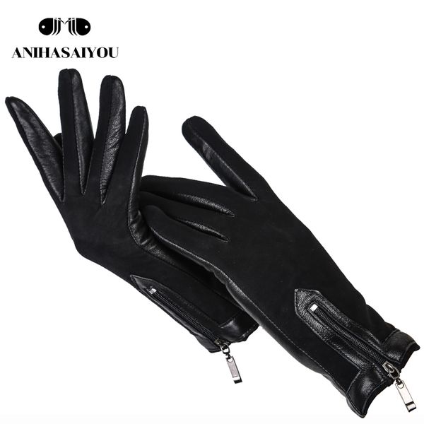 

zipper short women leather gloves high grade gloves female matte leather black genuine women - 0716, Blue;gray