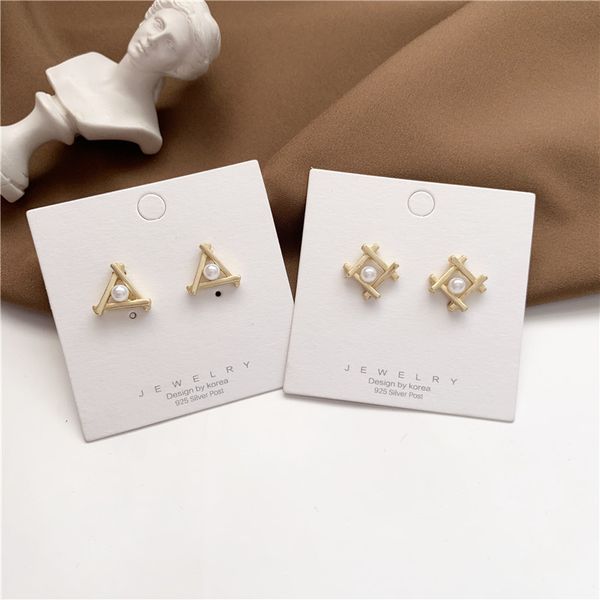 

new fashion korean earrings for women geometric triangle square pearl matte gold stud earrings wedding 2020 kolczyki jewelry, Golden;silver