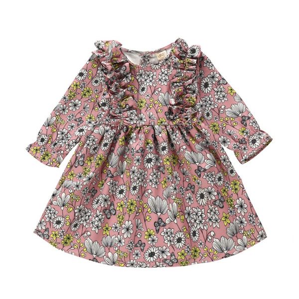 

spring autumn baby girls casual dress floral pattern long flare sleeve dress kids toddler pageant sundress for girl, Red;yellow