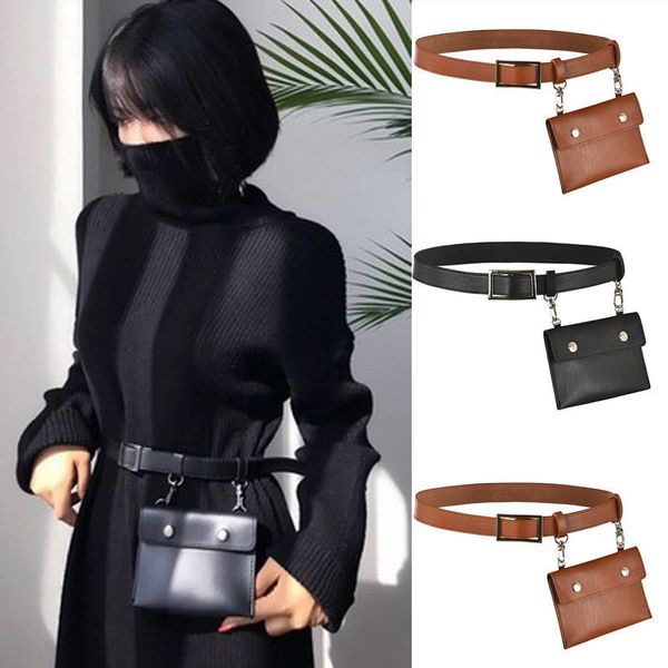 

2019 waist belt bag women solid square belt buckle pu leather chest small phone pouch bag ladies fashion waist pack
