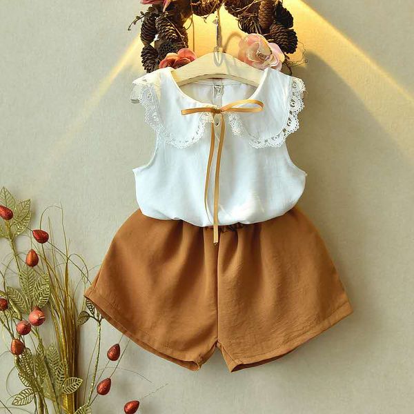 

kids designer clothes girls summer suits sleeveness doll-neck t-shirts and shorts middle and small kids clothing, White