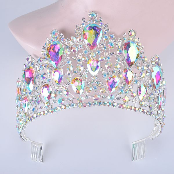 

statement silver ab color wedding hair tiara large teardrop crystal women crowns with comb bridal headpiece hair jewelry diadema, Golden;white