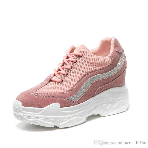 

genuine cow leather shoes women girl super high heel 8cm casual shoes sneakers platform wedges height increasing shoes, Black;white