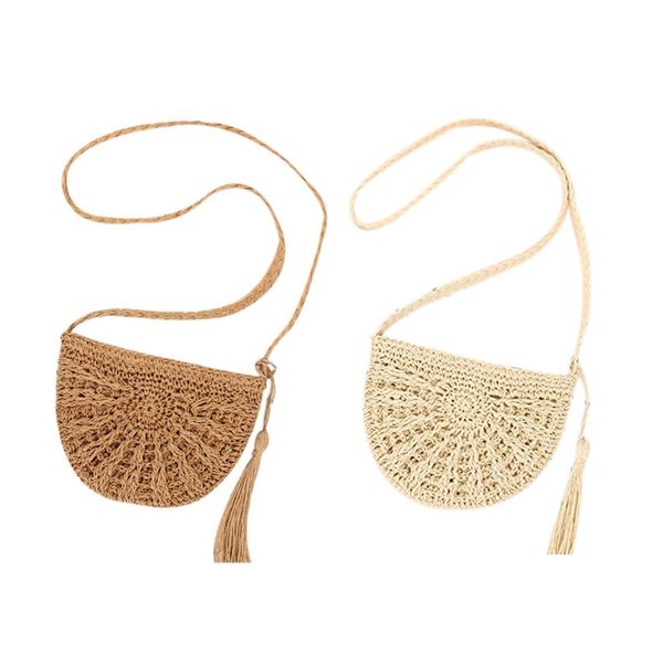 

2 pcs straw crossbody bag women weave shoulder bag round summer beach purse and handbags (beige) & (khaki