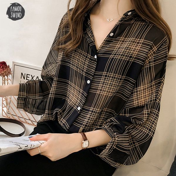 

2019 autumn blouses chic plaid shirts women batwing sleeve chiffon mujer casual chemise femme plaid plus size tartan blusas, White