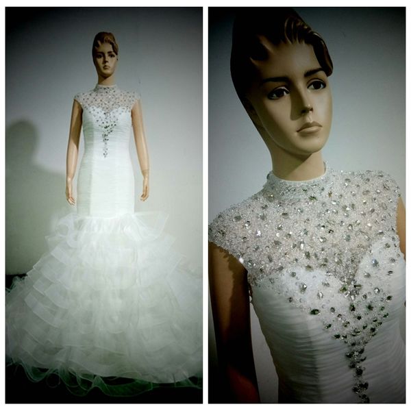 

sparkly white mermaid wedding dresses with high neck tiered skirt crystals beaded wedding dresses sheer back bridal dresses robe de soiree