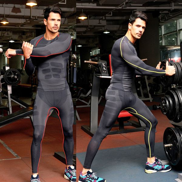 

1 set=pants/men compression t shirts men's quick-drying breathable fitness long johns underwear body shapers crossfit, Black;brown