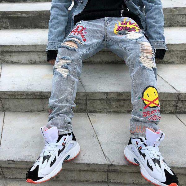 

hole flame graffiti painted skinny jeans ripped for men straight casual large size hip hop trousers winter jeans pants, Blue