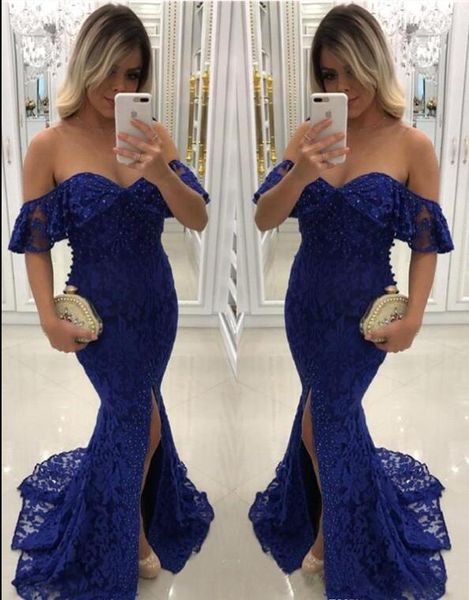 

2019 royal blue lace mermaid evening dress off-shoulder front split special occasion dresses fashion prom dress, Black;red