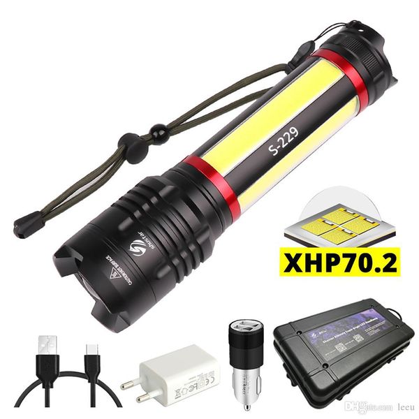 Lanterna LED Built-in built-in 5000mAh bateria de lítio com XHP70.2 + COB LED Super luz de acampamento impermeável super brilhante