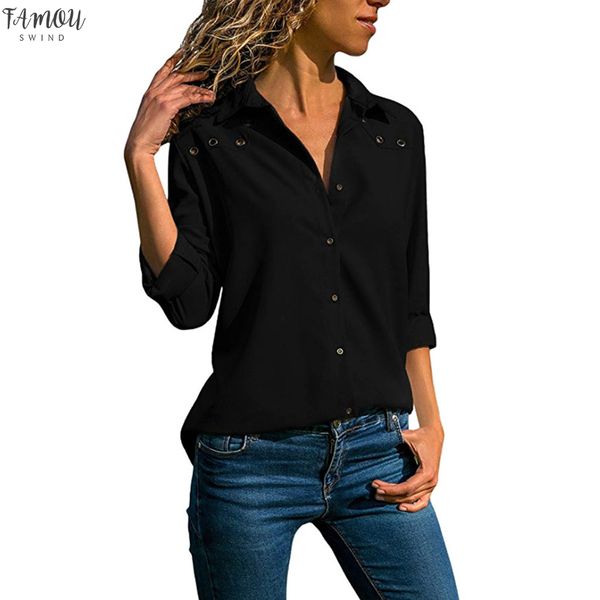 

sagace womens shirt blouses woman 2020 plus size v neck pure color button long sleeves plus size blouse shirt casual, White