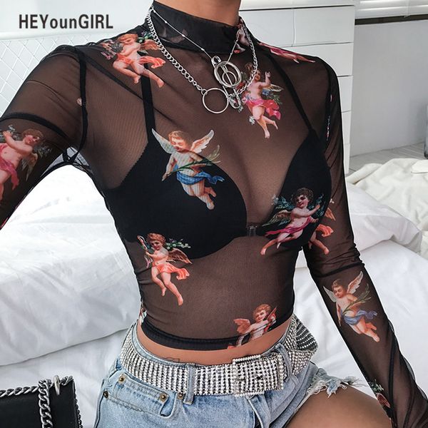 

turtleneck black mesh crop tees transparent long sleeve t shirt women printed casual woman tshirt party, White