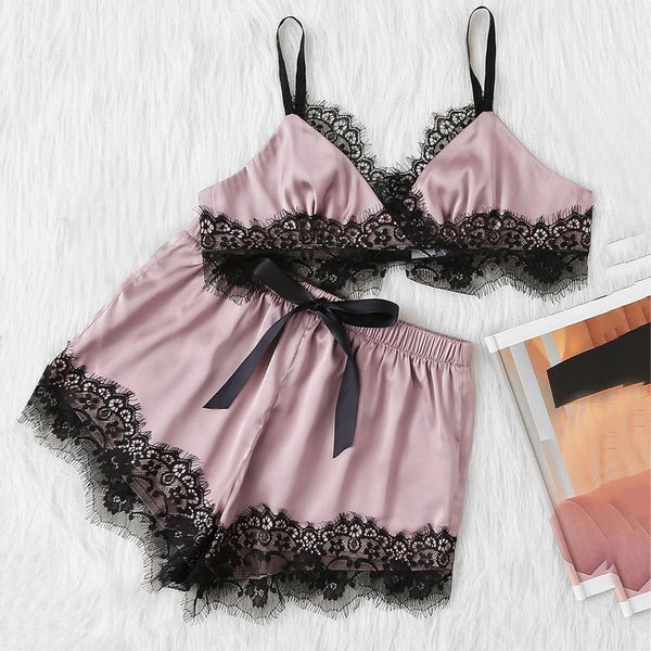 

2018 lace trim velvet cami & shorts pajamas set women burgundy plain spaghetti strap sleeveless summer sleepwear s77, Blue;gray