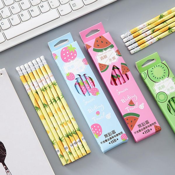 

12 pcs/box cartoon fruit watermelon pineapple strawberry kiwi hb wood standard pencils stationery school supplies wood pencils