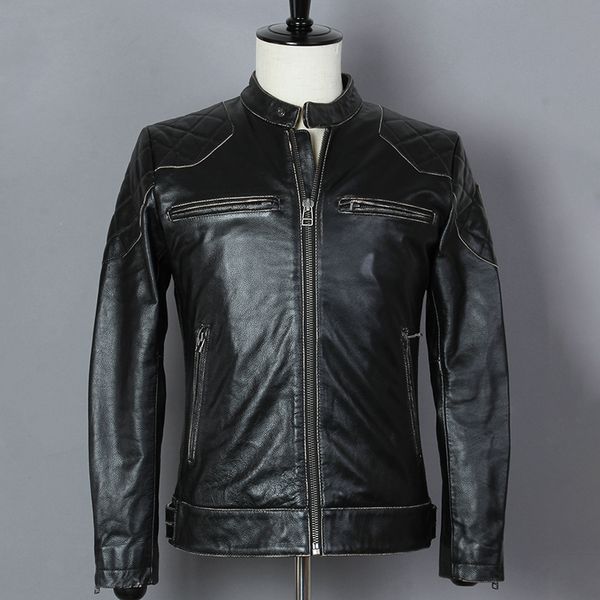 

fashion 2020 vintage black cowskin motorcycle slim fit genuine jacket men david beckham style leather coats male