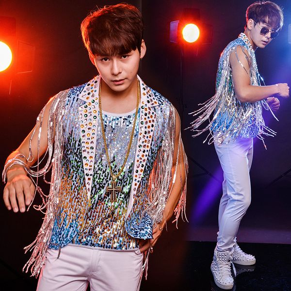 

3xl influx male singer nightclub bar drum dj performance clothing personality tassel sequin crystal diamond vest pants suit, Gray