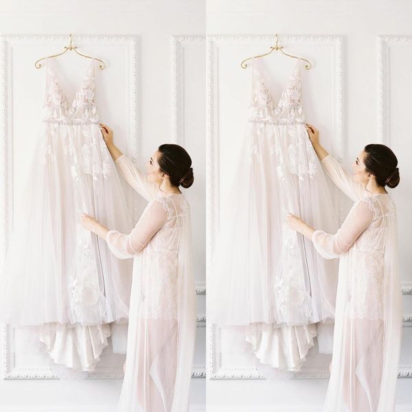 

sheer girlandaseriousdream sleepwear women bathrobe spaghetti sleeveless tulle lace sash applique cloak two pieces prom bridesmaid shawel, White