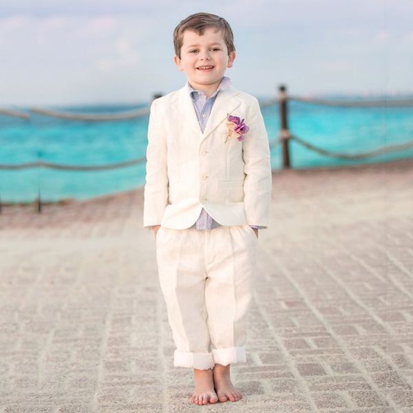 Praia Bege Flor Meninos Ternos para o Casamento Crianças Roupas Blazer Notched Lapela Do Noivo Smoking Da Criança 3 Peças Jacket + Pants + Vest Meninos Formal Wear