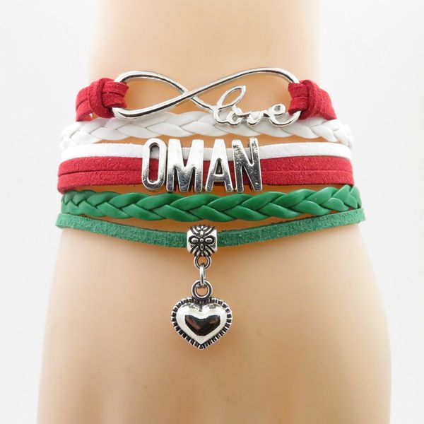 

love oman national flag bracelet heart charm sultanate of oman flag leather bracelets & bangle for woman and man jewelry gift, Golden;silver