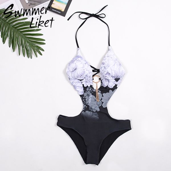 

floral print bikinis 2018 woman halter backless swimsuit female high cut hollow out swimwear push up bahting suit monokini