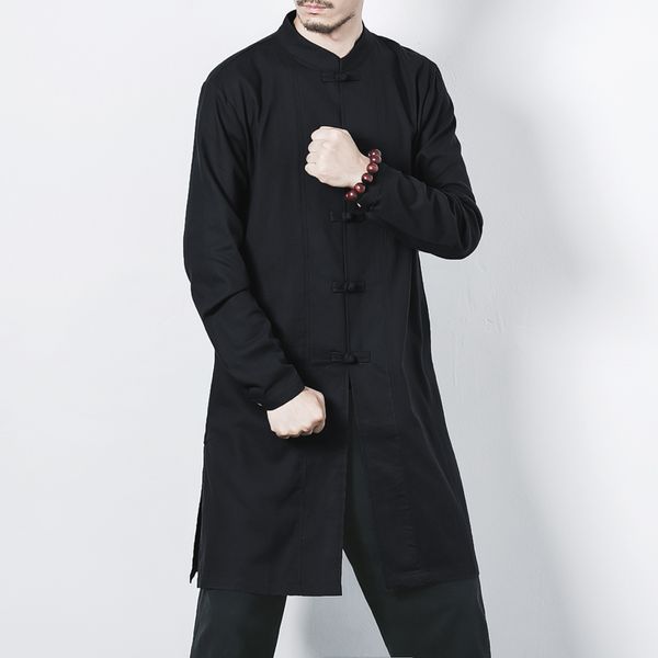 

loose long sleeve men trench chinese retro style men coat cotton fabric thin mens long jacket large size s 5xl, Tan;black