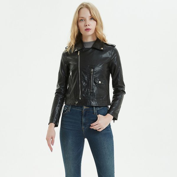 

casual pu leather jacket women classic zipper short motorcycle jackets lady autumn winter basic leather coat black red 4184