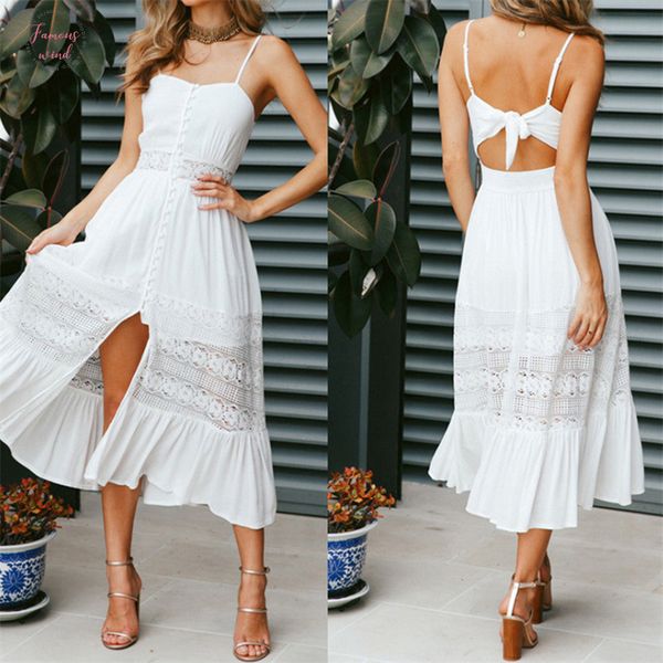

2020 women white lace split dress elegant sleeveless holiday maxi boho floral summer beach long dress evening party dress, Black;gray