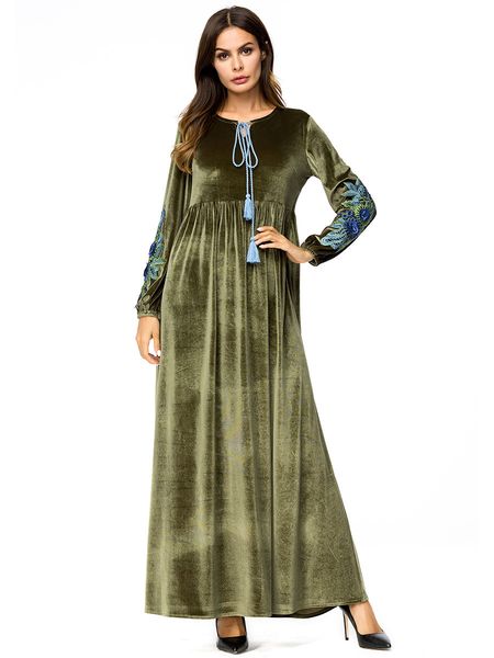 

casual embroidery velvet abaya muslim maxi dress 3d floral long robes kimono loose ramadan middle east arab islamic clothing, Red