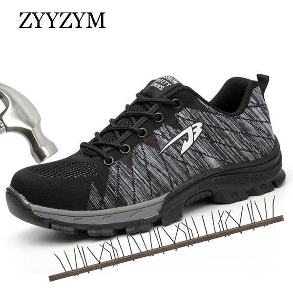 

zyyzym men work safety shoes steel toe indestructible shoes sneakers men non-slip puncture outdoor boots, Black
